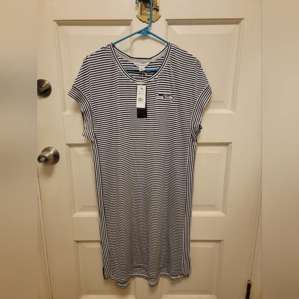 Women's Seattle Seahawks Tommy Bahama College Navy Cassia Stripe T-Shirt Dress